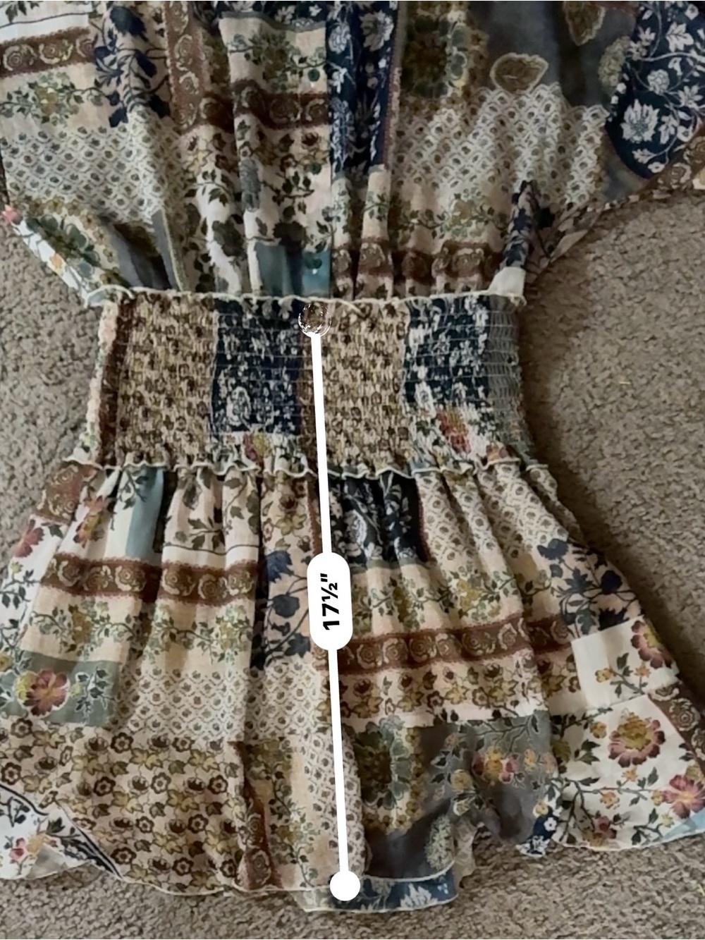 Zara Patchwork Floral Smocked Waist Dress in Blue, Cream & Brown - Picture 6 of 7